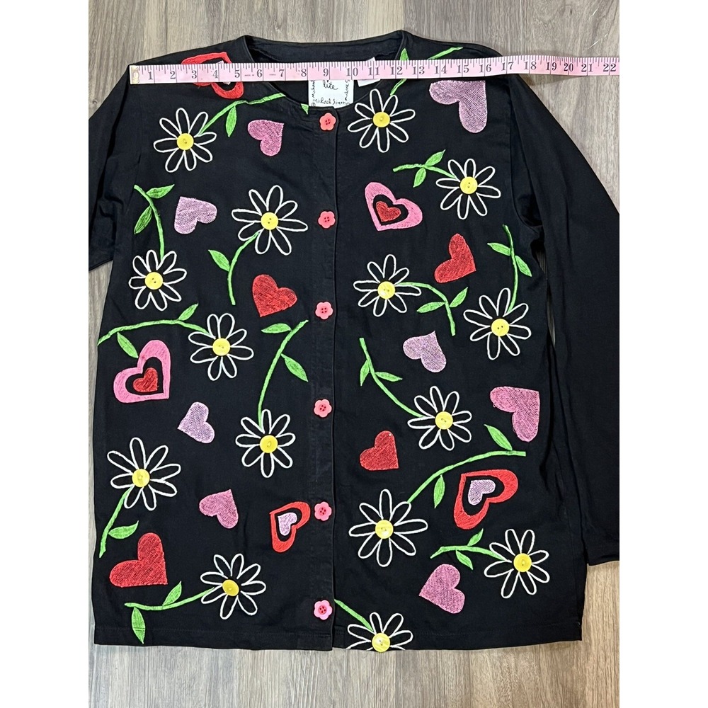 Michael Simon Lite Cardigan Women Medium Black‎ Floral Embroidery Sweater Boho - Picture 8 of 12
